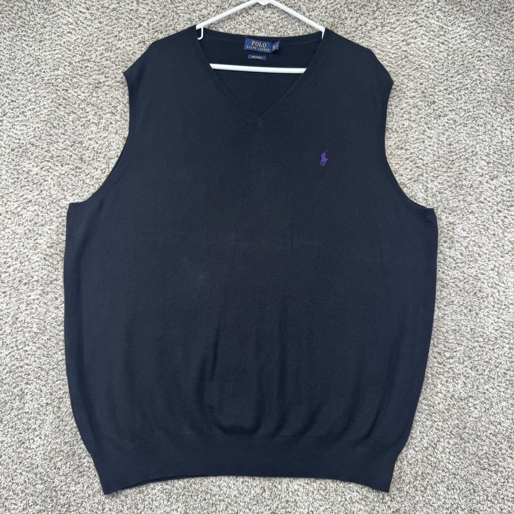 Polo Ralph Lauren Vest Men's Size 2XLT Black Pima Cotton Purple Pony V Neck